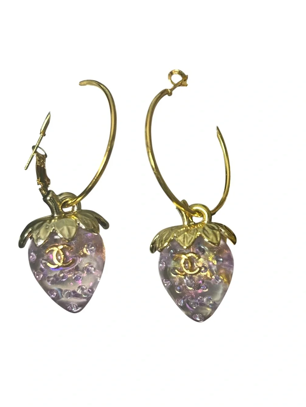 Gold Hoop Earrings with Iridescent Lavender Strawberry Charms by CHANEL